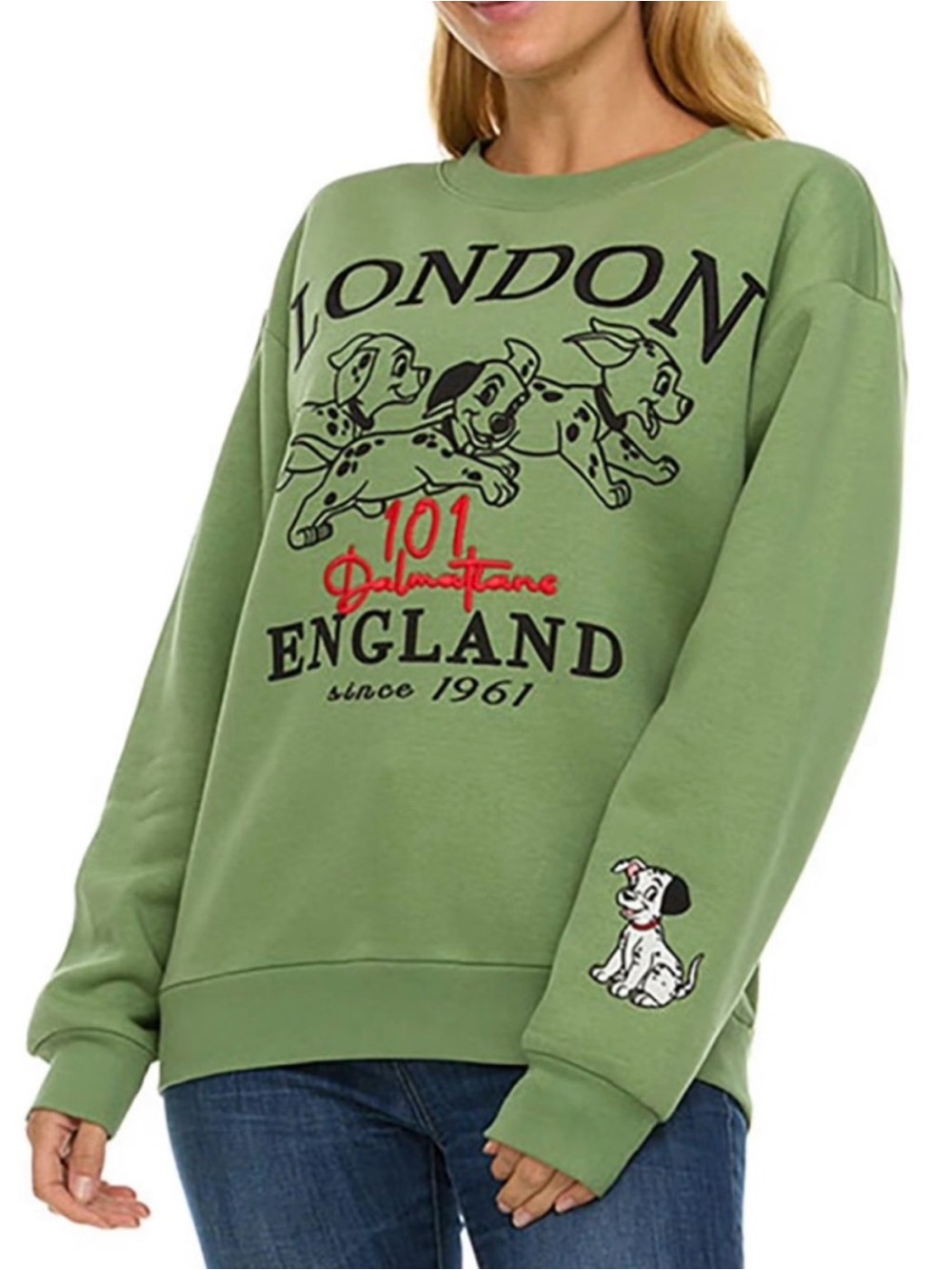 Disney Green 101 Dalmatians London England Graphic Crewneck Sweatshirt